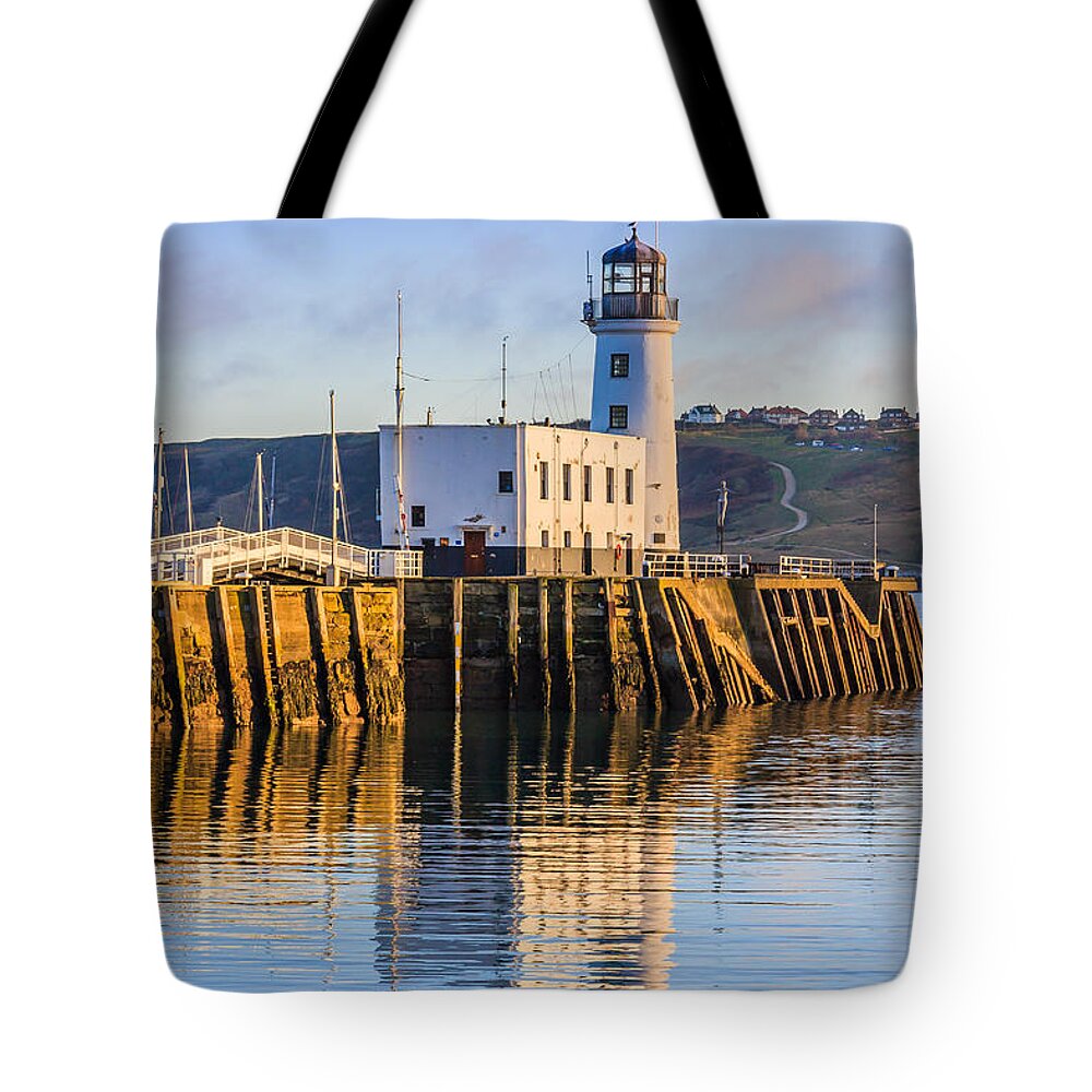 Bridge Tote Bag featuring the photograph Sunset over Scarborough Lighthouse by Sue Leonard