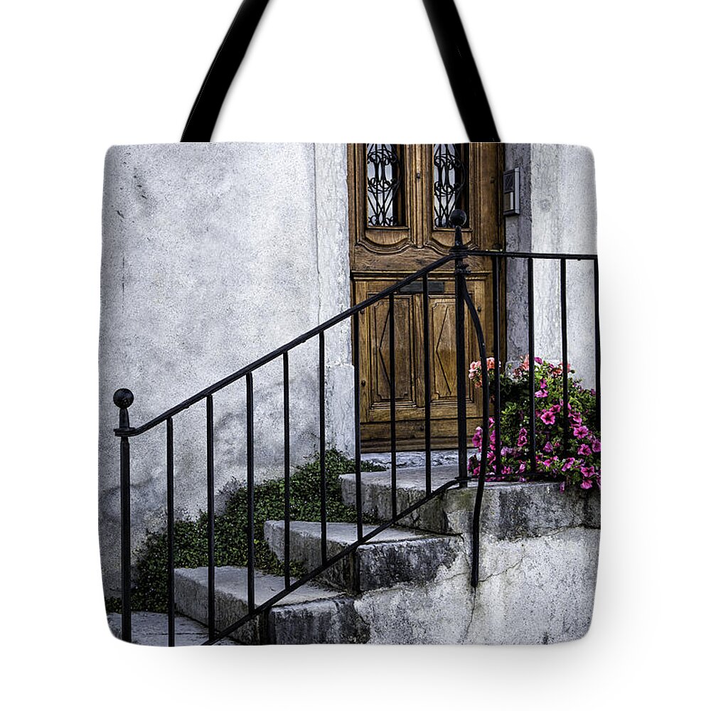 Leysin Tote Bag featuring the photograph Swiss Front Porch #2 by Timothy Hacker