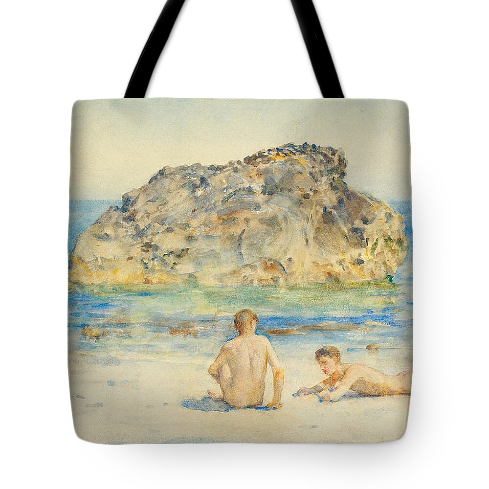 The Sunbathers Tote Bag featuring the painting The Sunbathers by Henry Scott Tuke