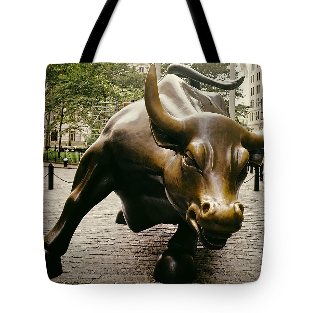 Wall Street Tote Bag featuring the photograph The Wall Street Bull by Mountain Dreams