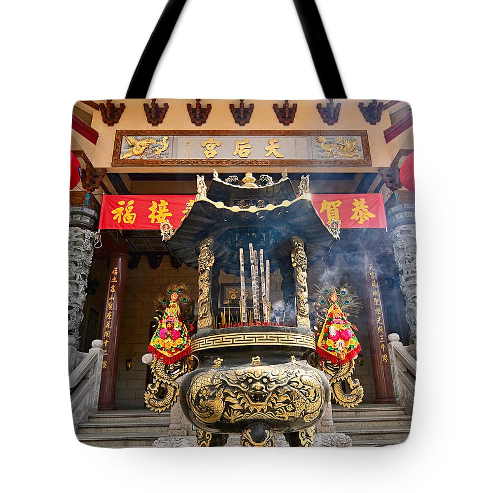 Taoist Tote Bag featuring the photograph Thien Hau Temple a Taoist Temple in Chinatown of Los Angeles. #1 by Jamie Pham