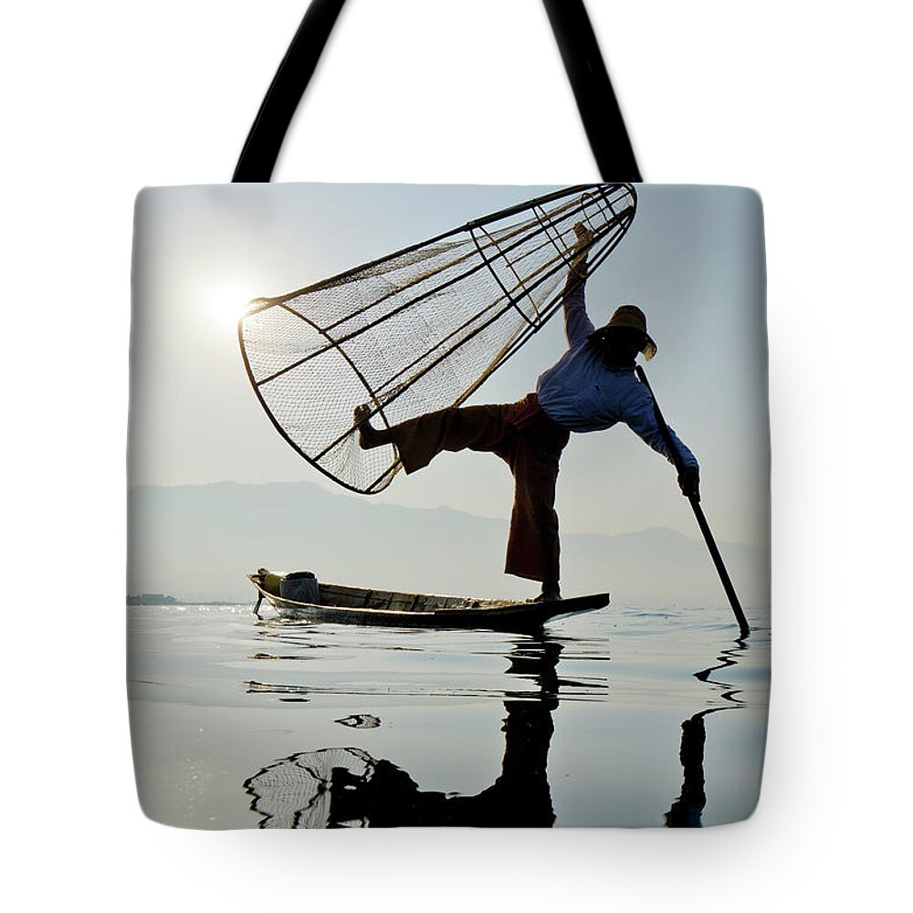 Hand Raised Tote Bag featuring the photograph Traditional Bamboo Fisherman, Inle #1 by Rwp Uk