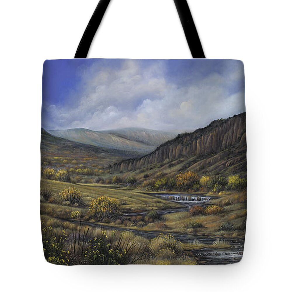 Southwest-landscape Tote Bag featuring the painting Tres Piedras by Ricardo Chavez-Mendez