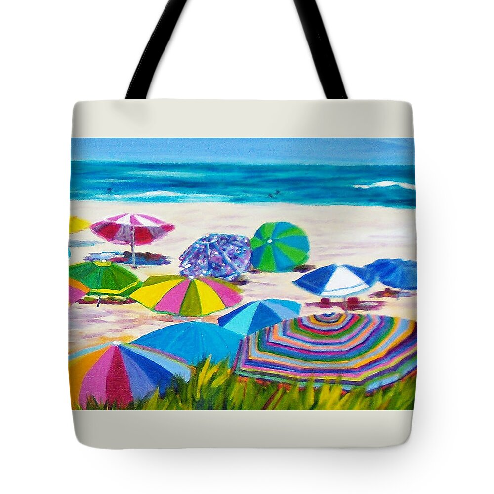 Beach Tote Bag featuring the painting Umbrellas 3 by Anne Marie Brown