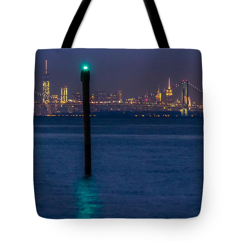 Bayshore Waterfront Tote Bag featuring the photograph Verrazano-Narrows bridge and NYC skyline from Port Monmouth #1 by SAURAVphoto Online Store
