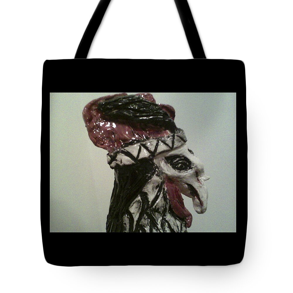 Ceramic Rooster Tote Bag featuring the sculpture Warrior Rooster by Suzanne Berthier