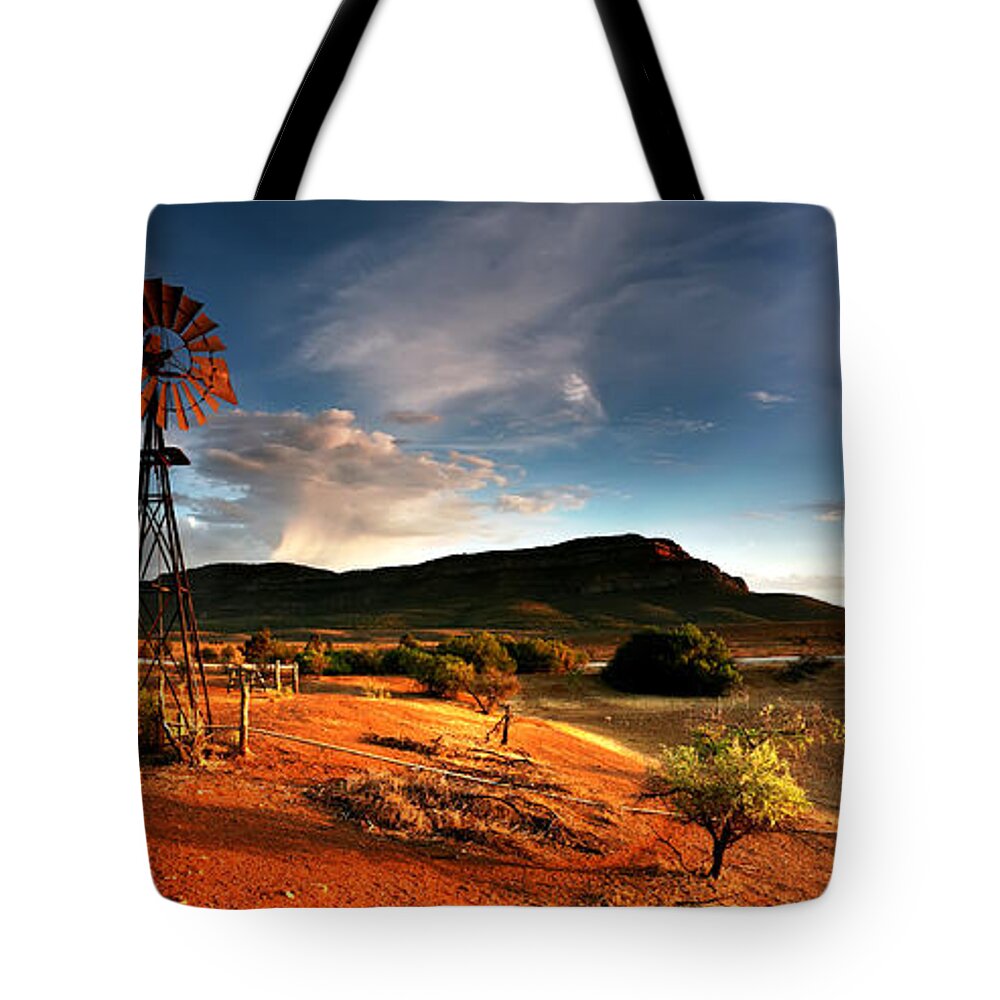 Wilpena Pound Windmill Rawnsley Bluff Flinders Ranges South Australia Australian Landscape Landscapes Early Morning Dam Drought Outback Tote Bag featuring the photograph Wilpena Pound by Bill Robinson