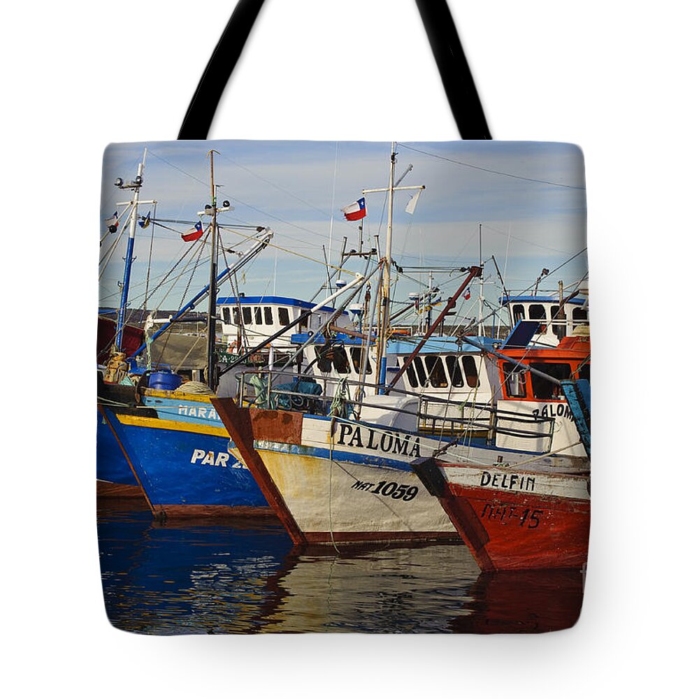 Wooden Fishing Boats In Harbor, Chile #1 Tote Bag by John Shaw