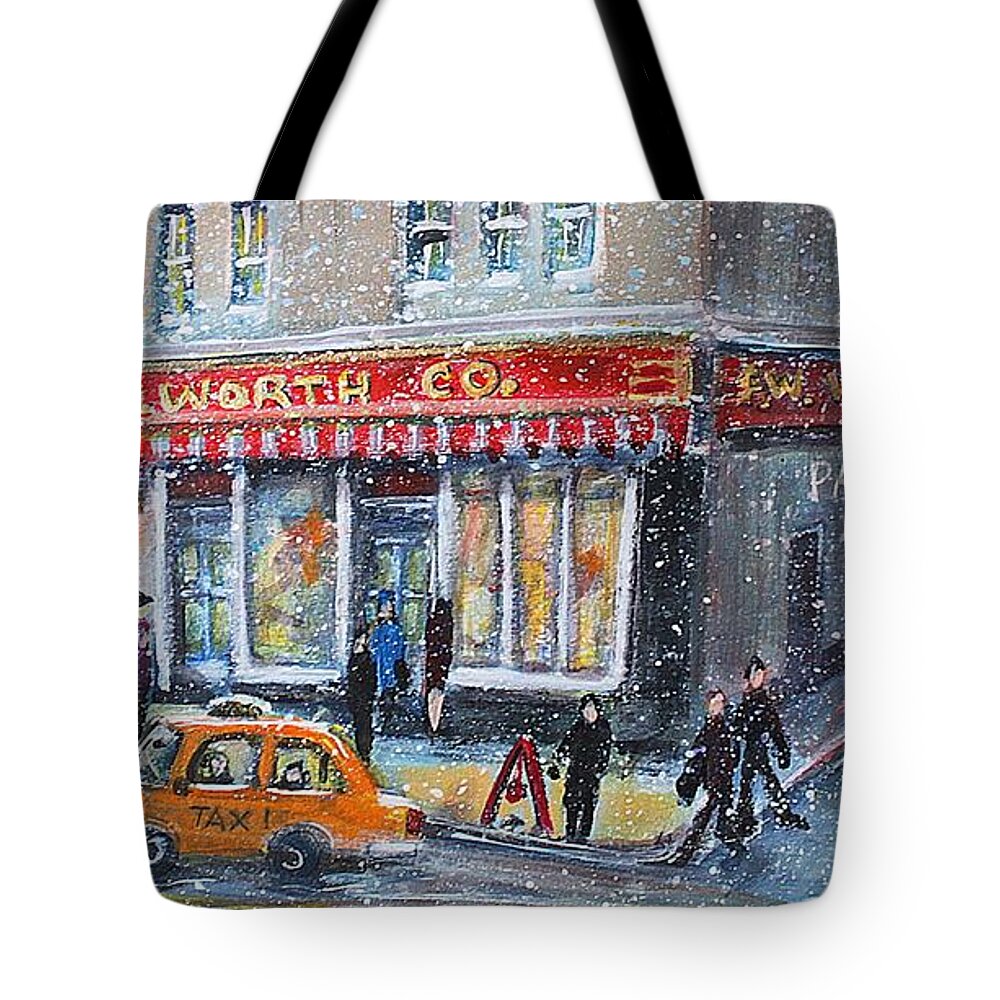 Landscape Tote Bag featuring the painting Woolworth's Holiday Shopping by Rita Brown