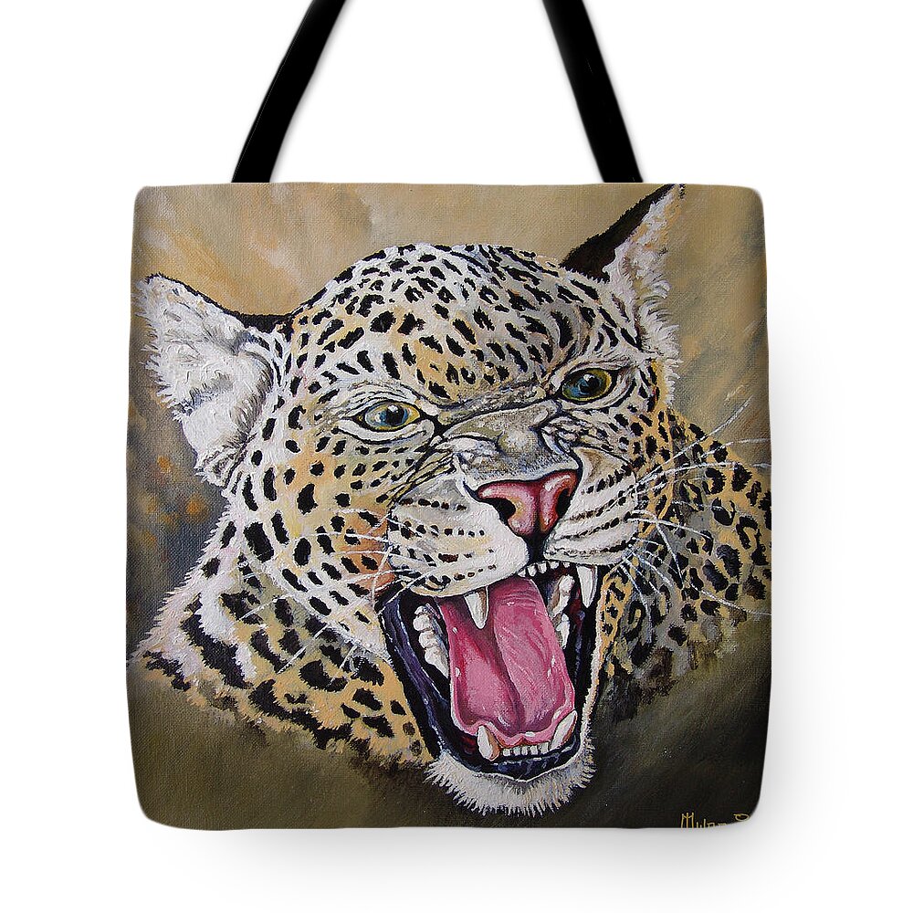 Leopard Tote Bag featuring the painting Yawn #1 by Anthony Mwangi