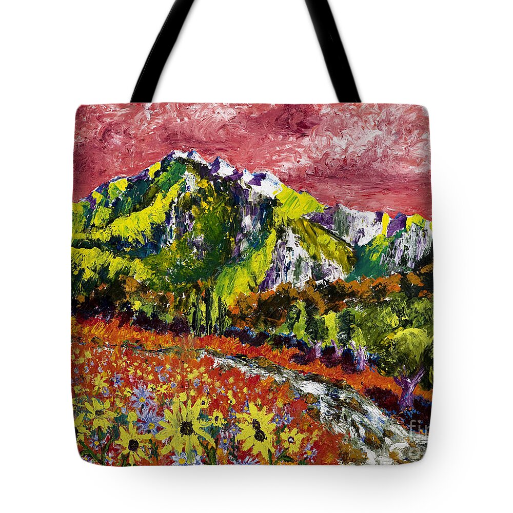 Mountains Tote Bag featuring the painting Yellow Flowers by Walt Brodis