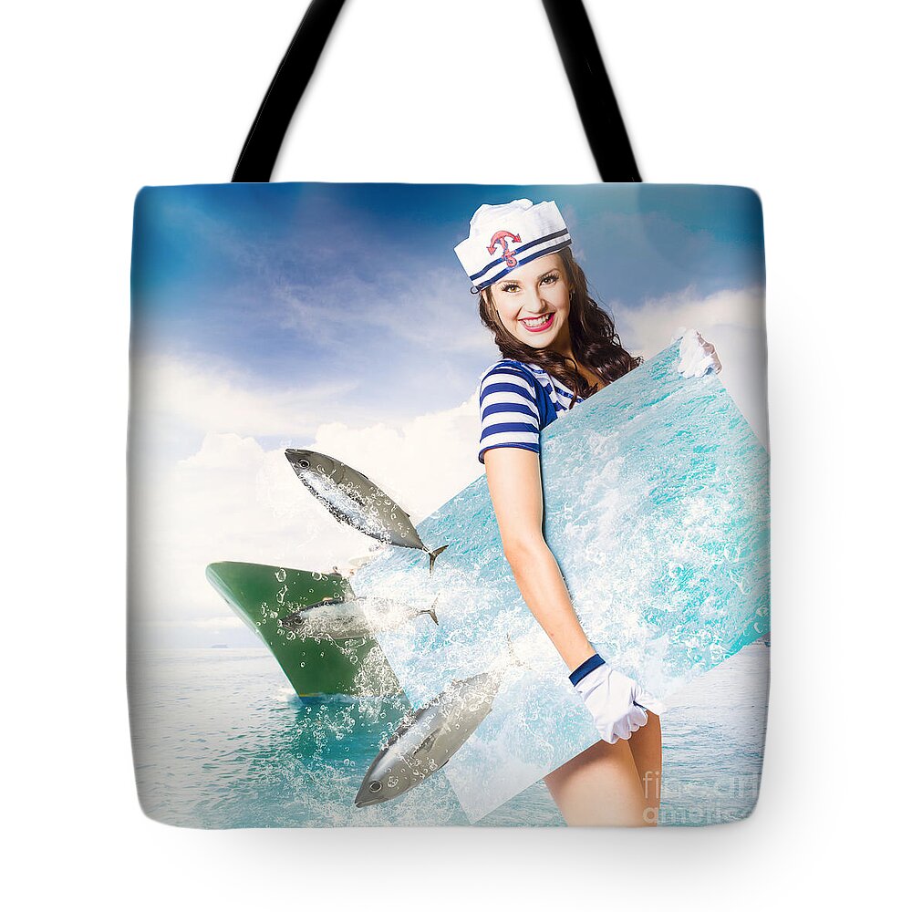 Seafood Tote Bag featuring the photograph Young navy pin up model with seafood smorgasboard #1 by Jorgo Photography