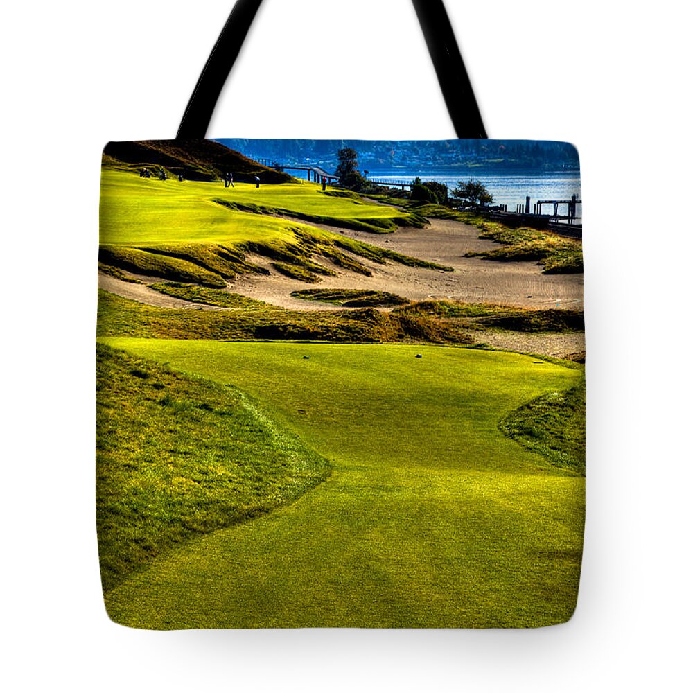 Chambers Bay Golf Course Tote Bag featuring the photograph #16 at Chambers Bay Golf Course - Location of the 2015 U.S. Open Tournament #16 by David Patterson