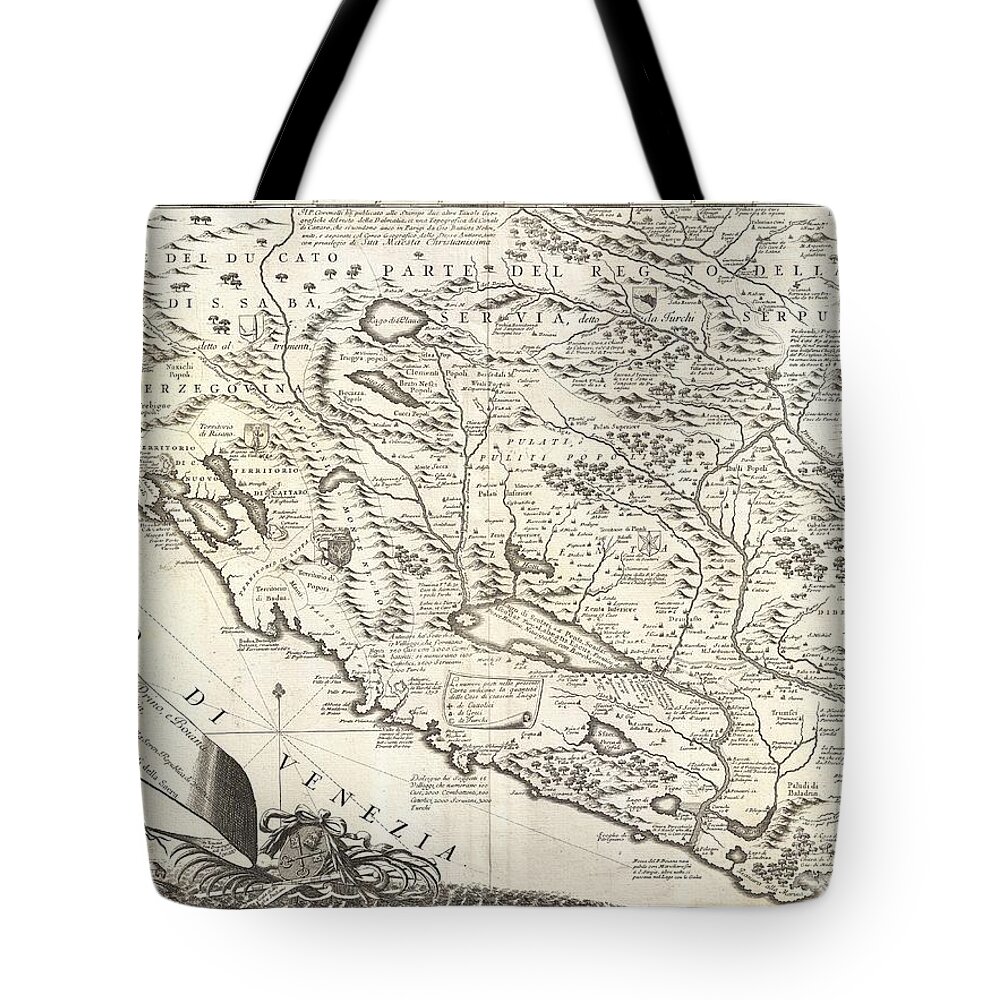 This Is Vincenzo Maria Coronelli's 1690 Map Of Montenegro. Covers The Dalmatian Coast From Dubrovnik To Gjiri I Drinit Tote Bag featuring the photograph 1690 Coronelli Map of Montenegro by Paul Fearn