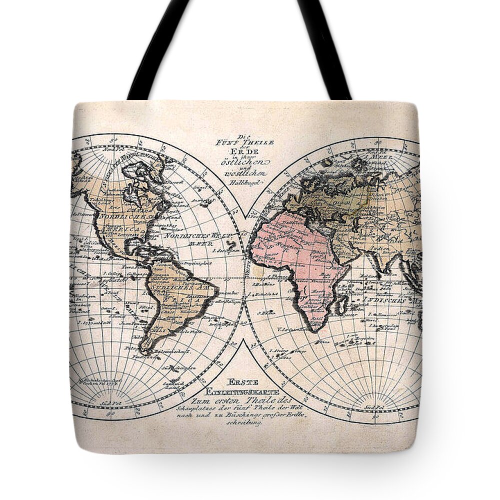 1791 Tote Bag featuring the photograph 1791 Antique World Map Die Funf Theile der Erde by Karon Melillo DeVega