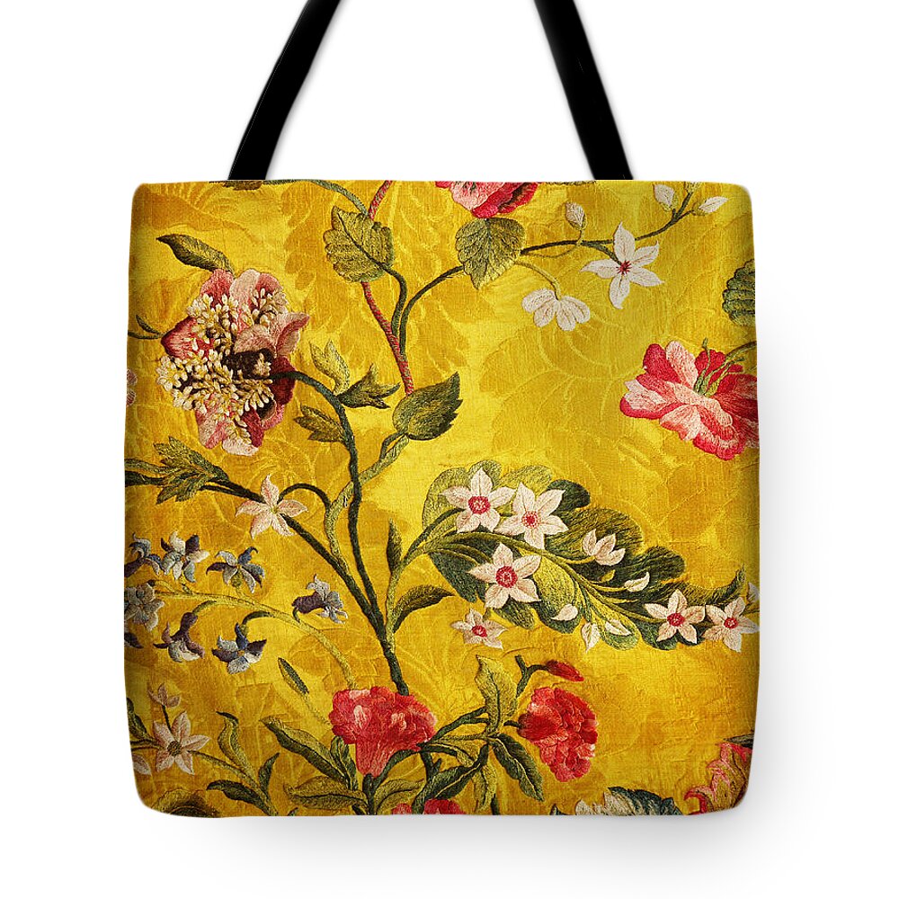 Jacobean Tote Bag featuring the photograph 17th Century Embroidery on Silk Brocade by Brenda Kean