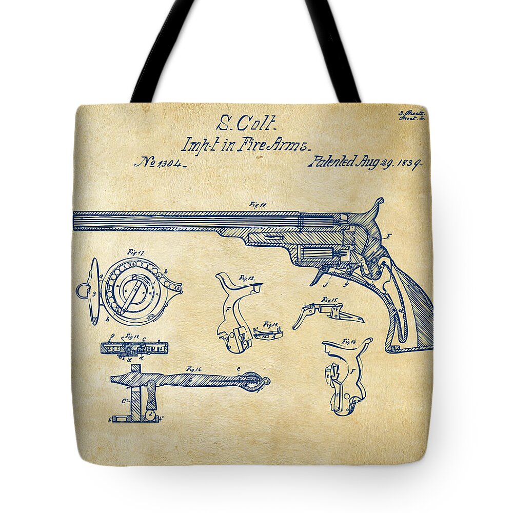 Colt Tote Bag featuring the digital art 1839 Colt Fire Arm Patent Artwork Vintage by Nikki Marie Smith