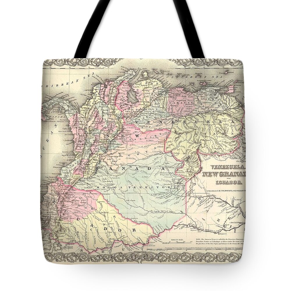  Tote Bag featuring the photograph 1855 Colton Map of Columbia Venezuela and Ecuador by Paul Fearn