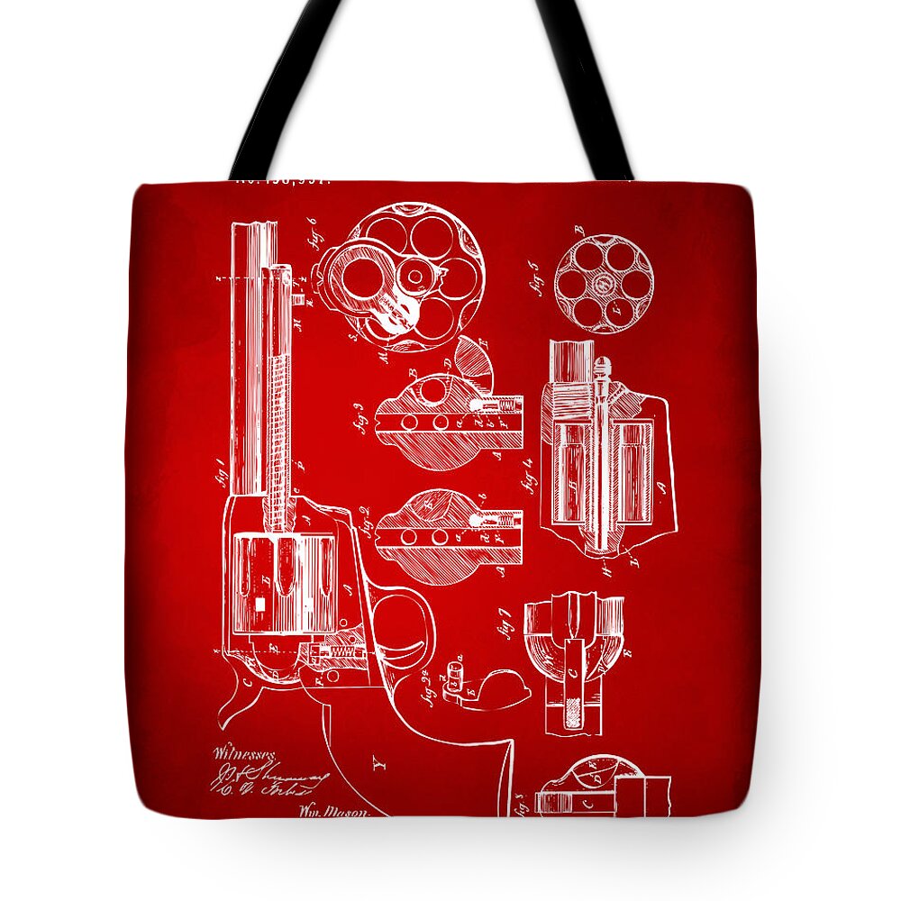 Colt 45 Tote Bag featuring the digital art 1875 Colt Peacemaker Revolver Patent Red by Nikki Marie Smith