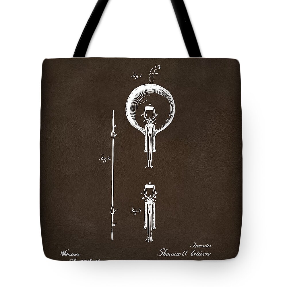 Edison Tote Bag featuring the digital art 1880 Edison Electric Lamp Patent Artwork Espresso by Nikki Marie Smith