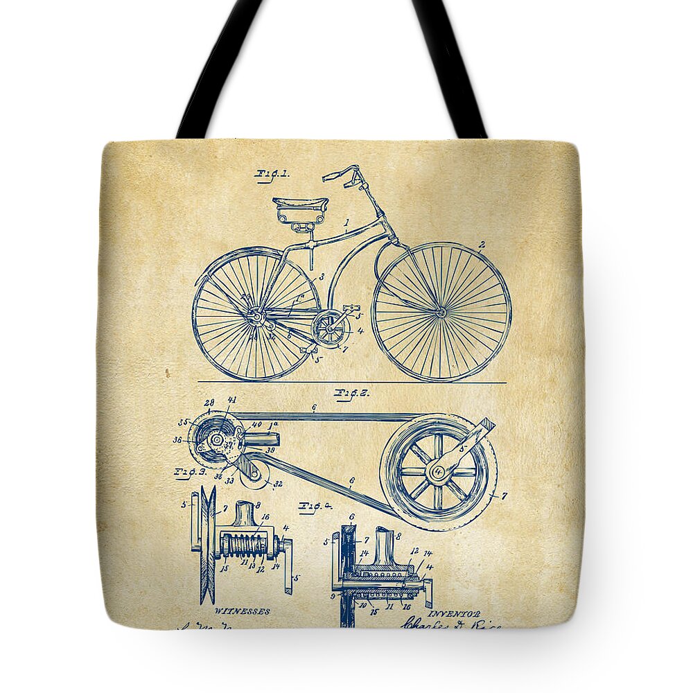 Velocipede Tote Bag featuring the digital art 1890 Bicycle Patent Artwork - Vintage by Nikki Marie Smith