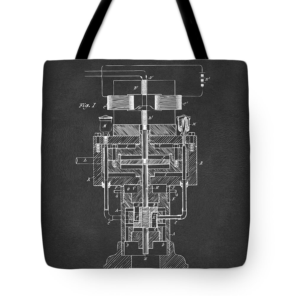 Tesla Tote Bag featuring the digital art 1894 Tesla Electric Generator Patent Gray by Nikki Marie Smith