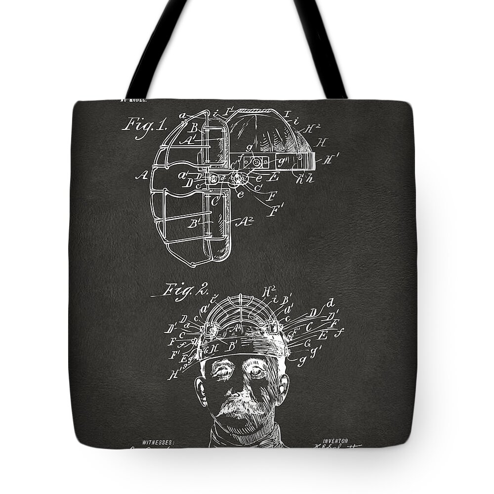 Baseball Tote Bag featuring the digital art 1904 Baseball Catchers Mask Patent Artwork - Gray by Nikki Marie Smith