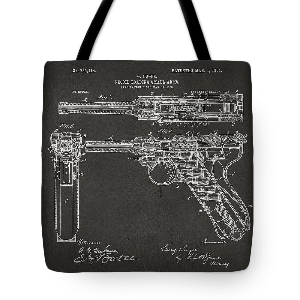 Luger Tote Bag featuring the digital art 1904 Luger Recoil Loading Small Arms Patent - Gray by Nikki Marie Smith