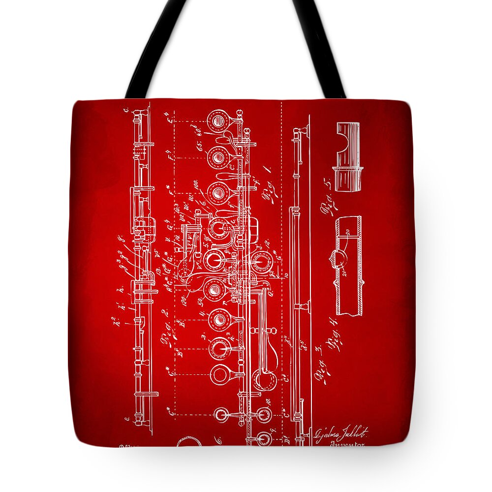 Flute Tote Bag featuring the digital art 1908 Flute Patent - Red by Nikki Marie Smith