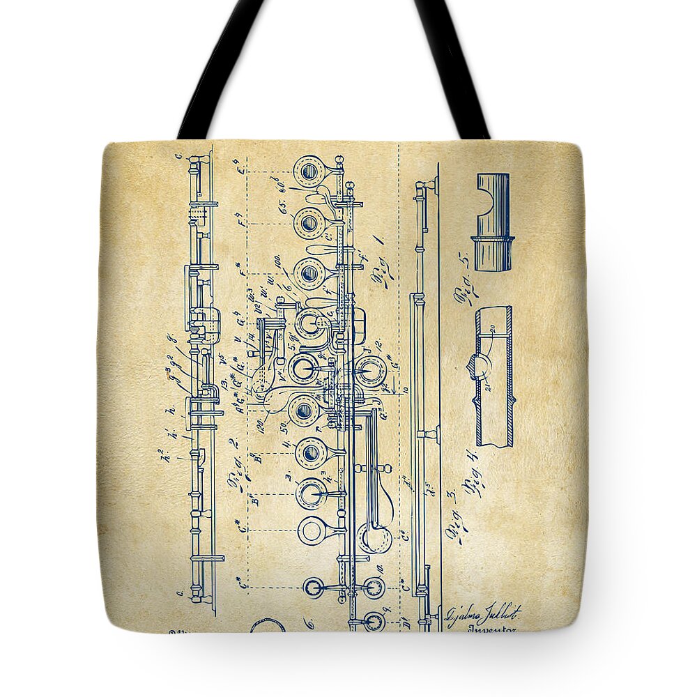 Flute Tote Bag featuring the digital art 1908 Flute Patent - Vintage by Nikki Marie Smith