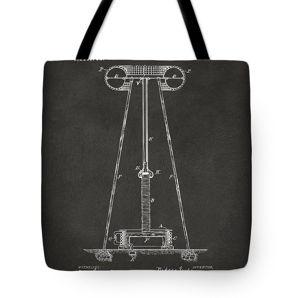 Tesla Tote Bag featuring the digital art 1914 Tesla Transmitter Patent Artwork - Gray by Nikki Marie Smith