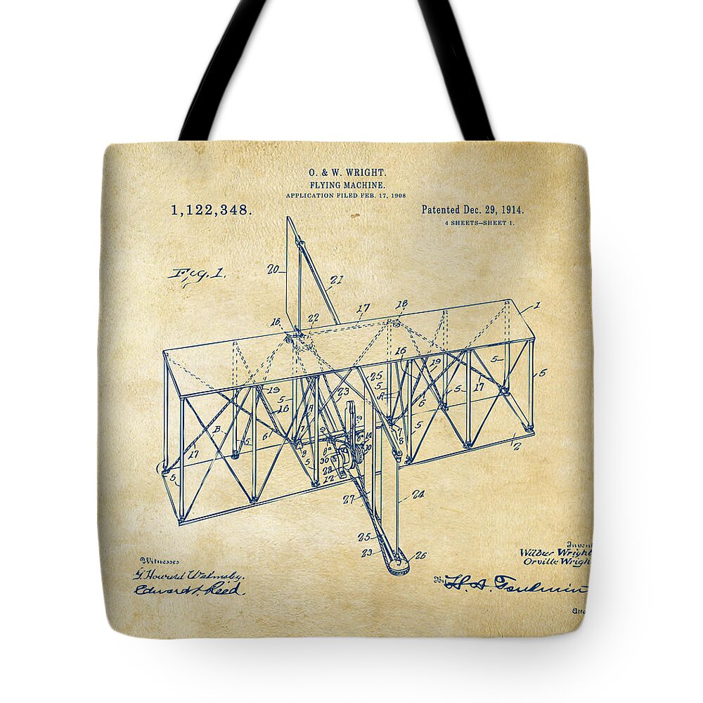 Wright Brothers Tote Bag featuring the digital art 1914 Wright Brothers Flying Machine Patent Vintage by Nikki Marie Smith