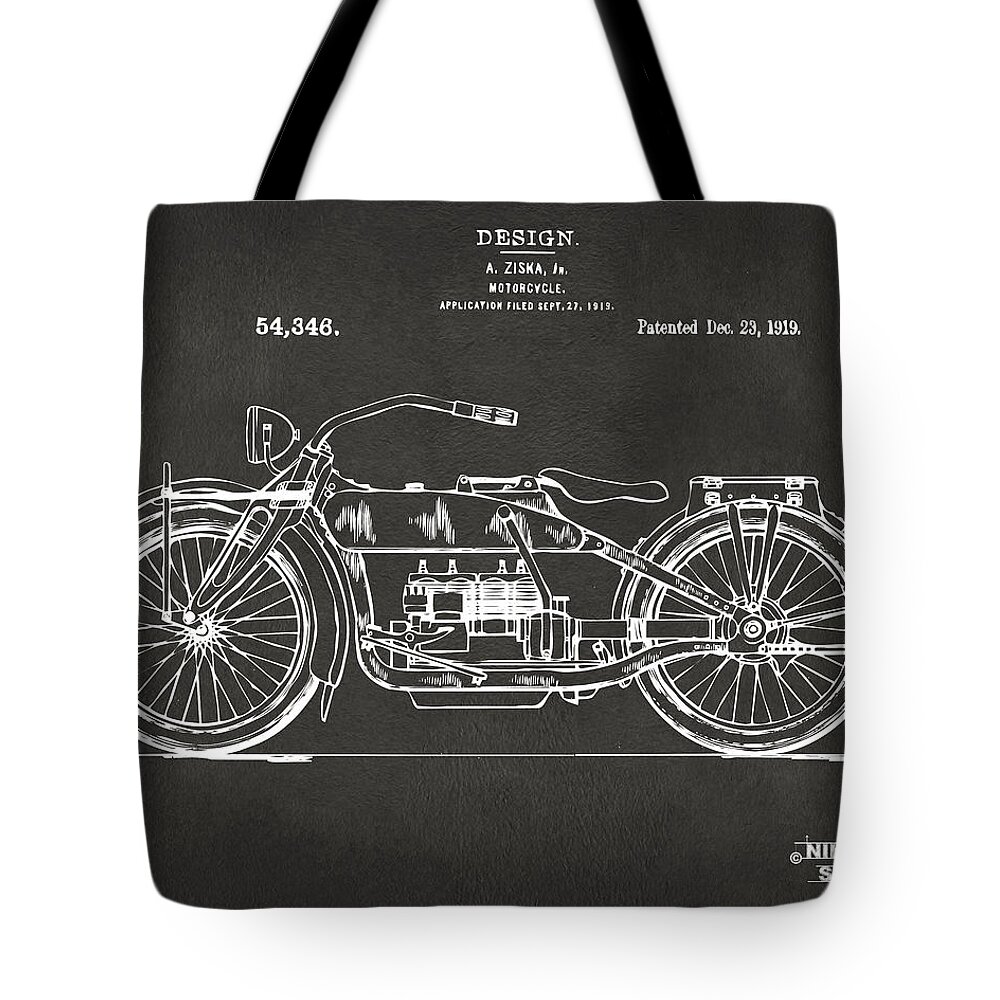 Harley Tote Bag featuring the digital art 1919 Motorcycle Patent Artwork - Gray by Nikki Marie Smith