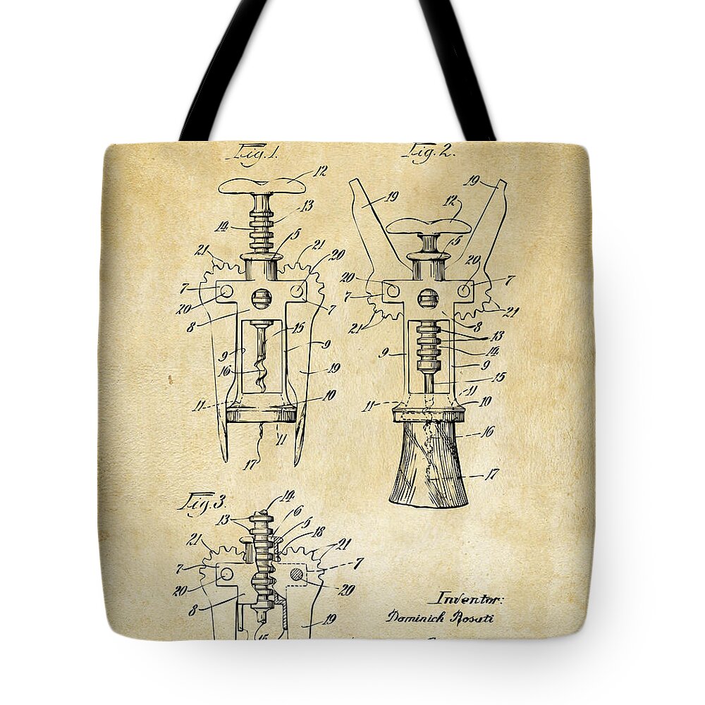 Corkscrew Tote Bag featuring the digital art 1928 Cork Extractor Patent Art - Vintage Black by Nikki Marie Smith