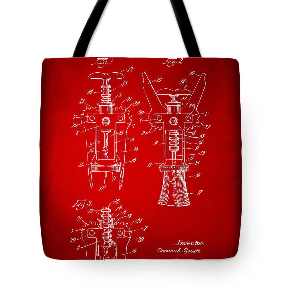 Corkscrew Tote Bag featuring the digital art 1928 Cork Extractor Patent Artwork - Red by Nikki Marie Smith