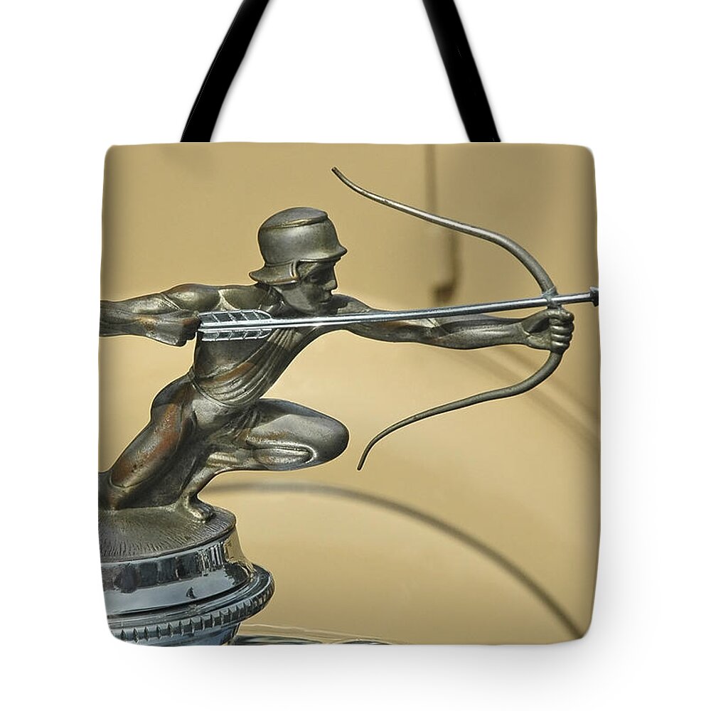 Antique Tote Bag featuring the photograph 1928 Pierce Arrow Helmeted Archer Hood Ornament by Ginger Wakem