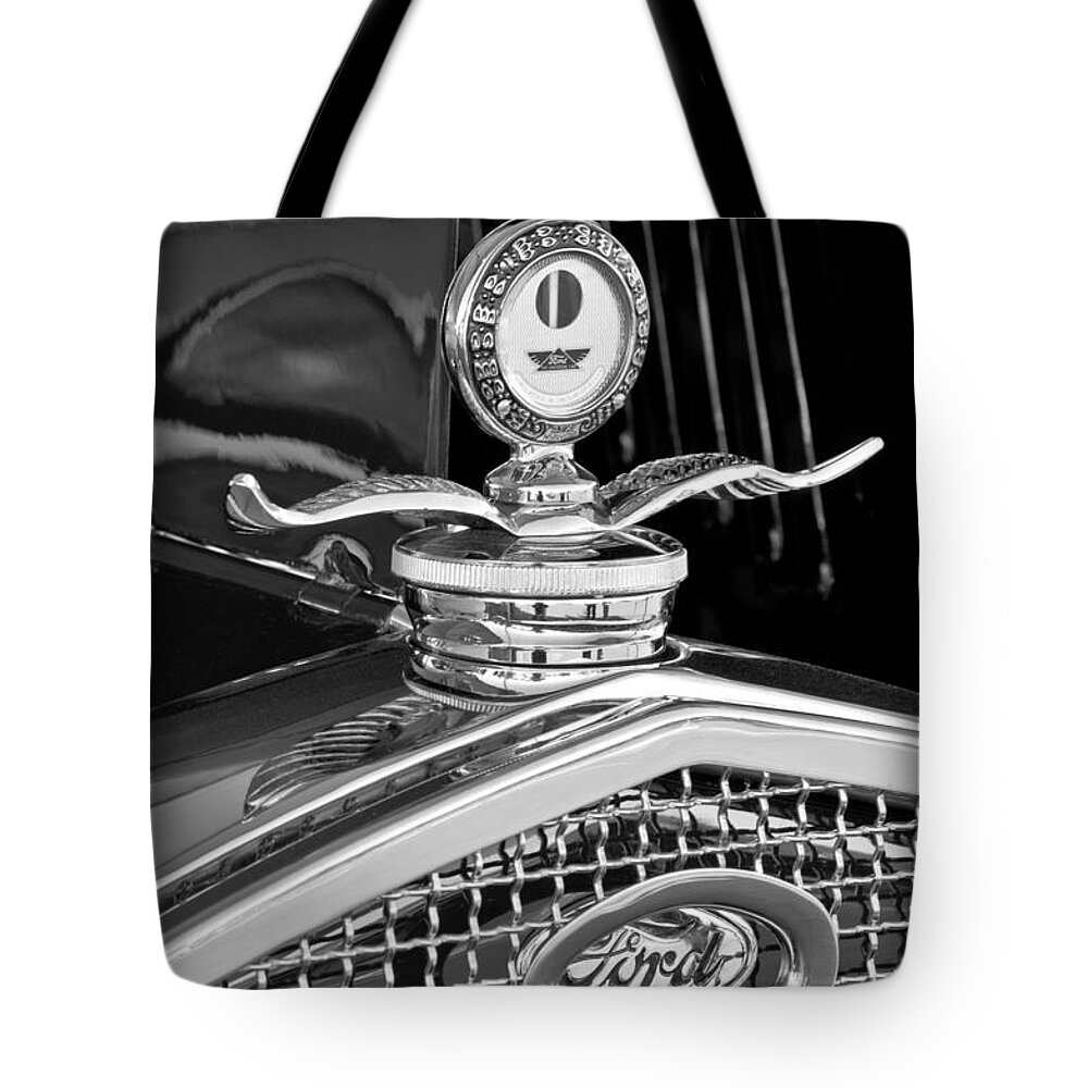 1931 Model A Ford Deluxe Roadster Tote Bag featuring the photograph 1931 Model A Ford Deluxe Roadster Hood Ornament 2 by Jill Reger