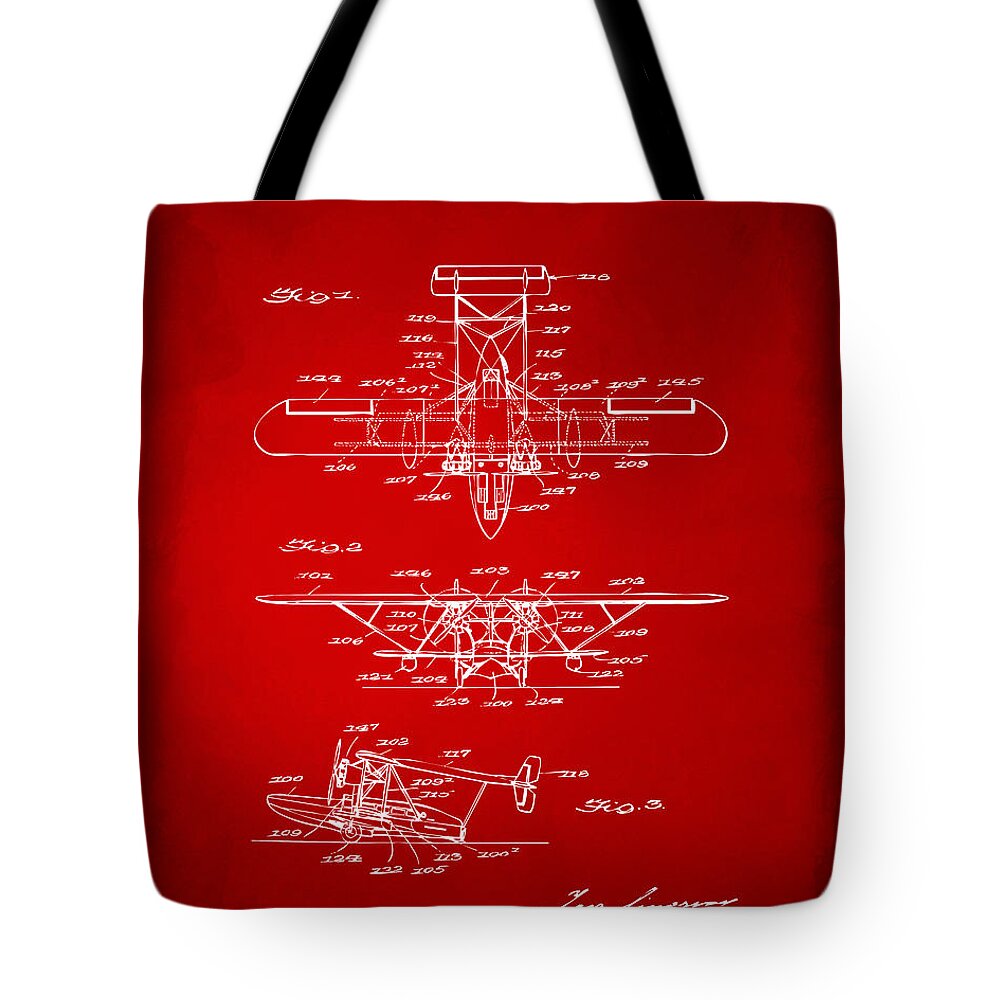 Airplane Tote Bag featuring the digital art 1932 Amphibian Aircraft Patent Red by Nikki Marie Smith