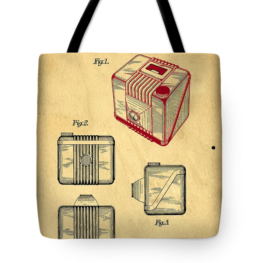 Invention Tote Bag featuring the digital art 1935 Kodak Camera Casing Patent by Edward Fielding