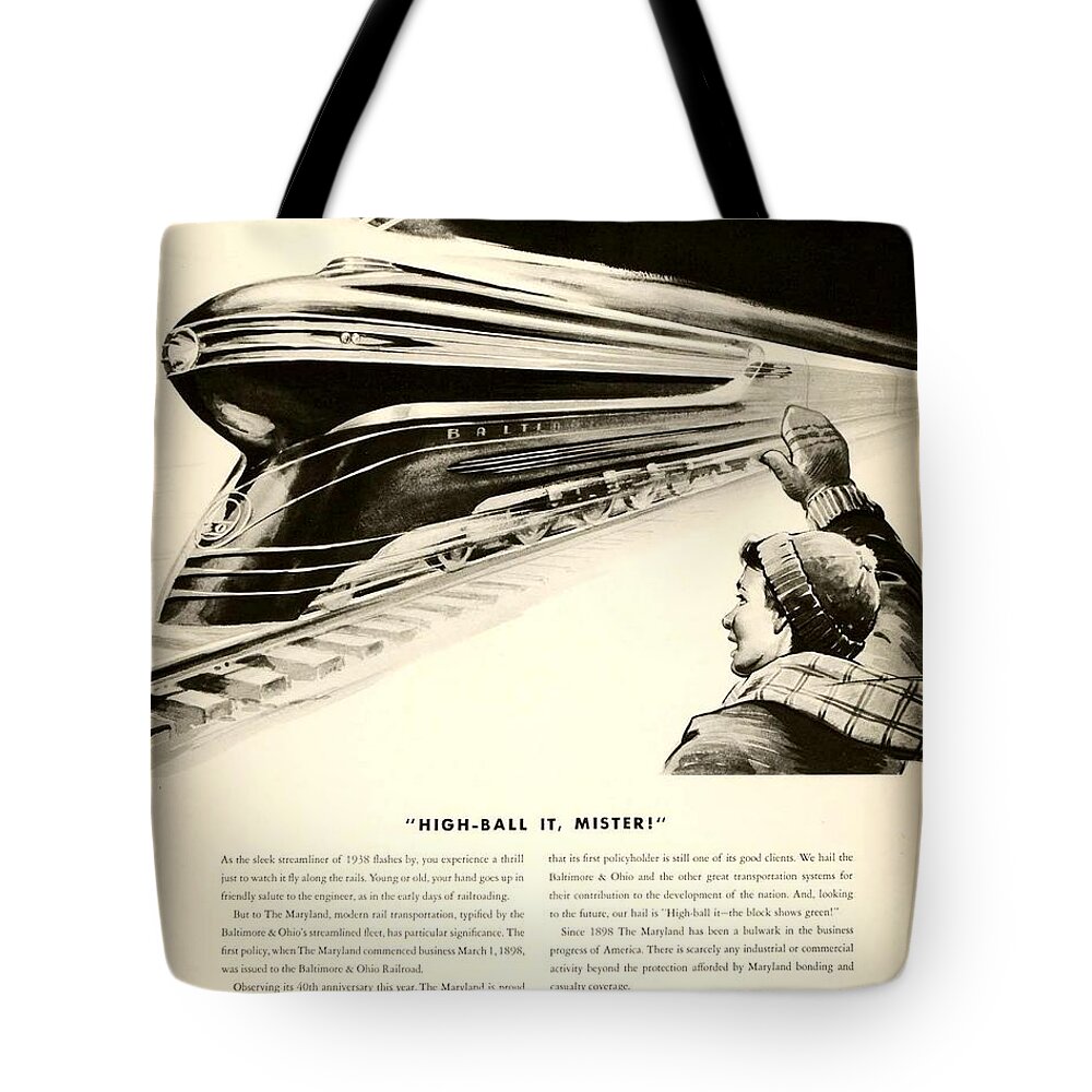 1938 Tote Bag featuring the digital art 1938 - Maryland Casualty Art Deco Train - Advertisement by John Madison