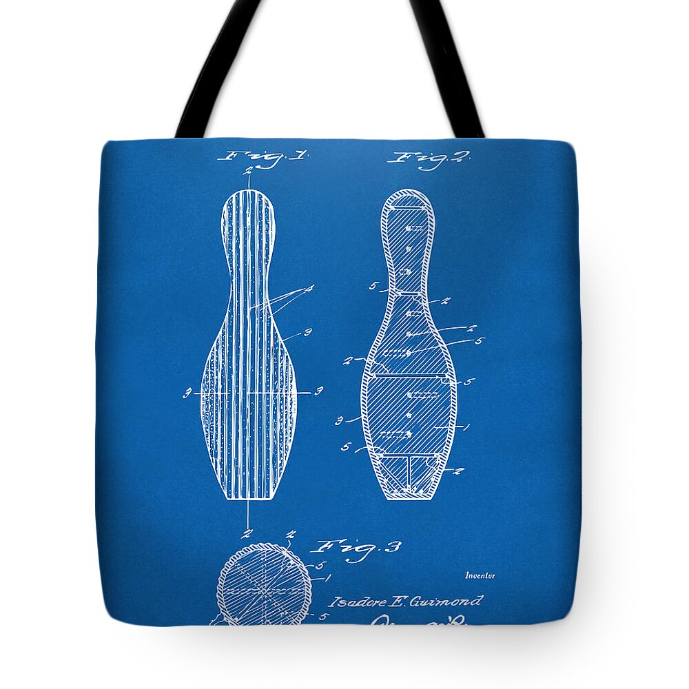 Bowling Tote Bag featuring the digital art 1939 Bowling Pin Patent Artwork - Blueprint by Nikki Marie Smith