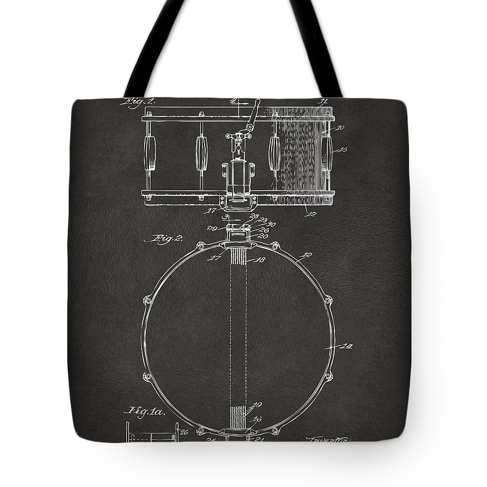 Drum Tote Bag featuring the digital art 1939 Snare Drum Patent Gray by Nikki Marie Smith