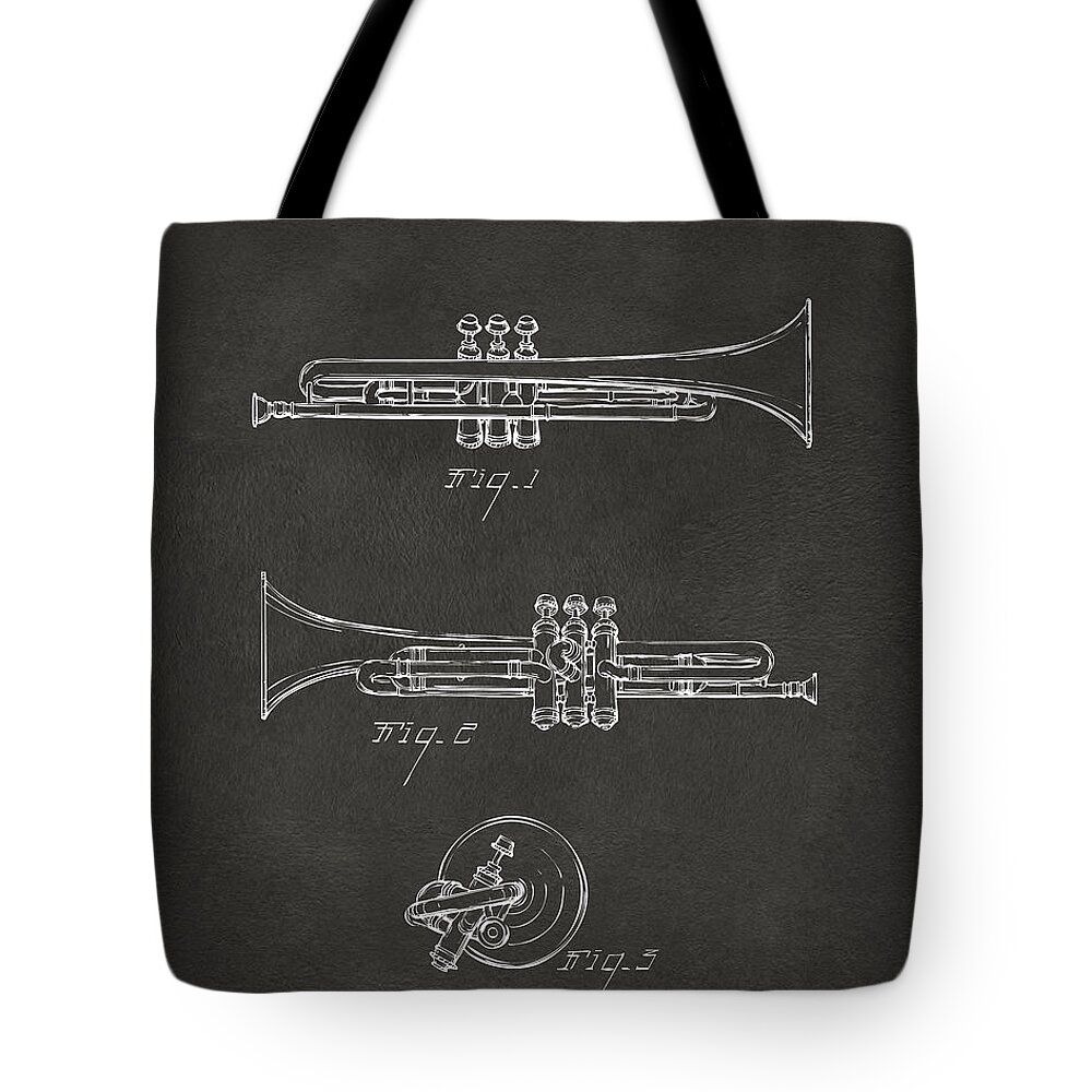 Trumpet Tote Bag featuring the digital art 1940 Trumpet Patent Artwork - Gray by Nikki Marie Smith