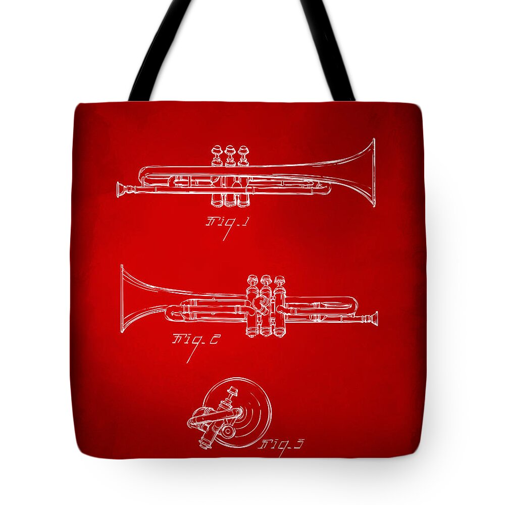 Trumpet Tote Bag featuring the digital art 1940 Trumpet Patent Artwork - Red by Nikki Marie Smith