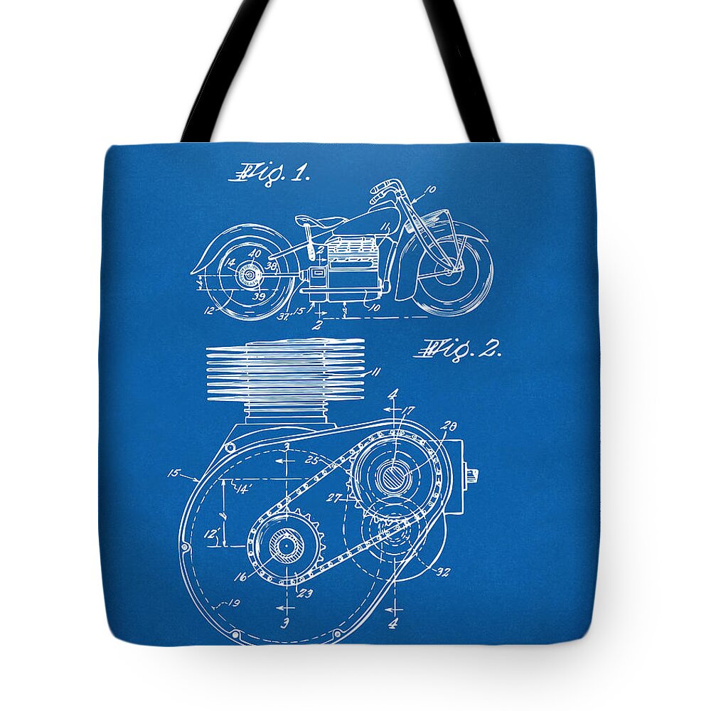 Indian Motorcycle Tote Bag featuring the digital art 1941 Indian Motorcycle Patent Artwork - Blueprint by Nikki Marie Smith