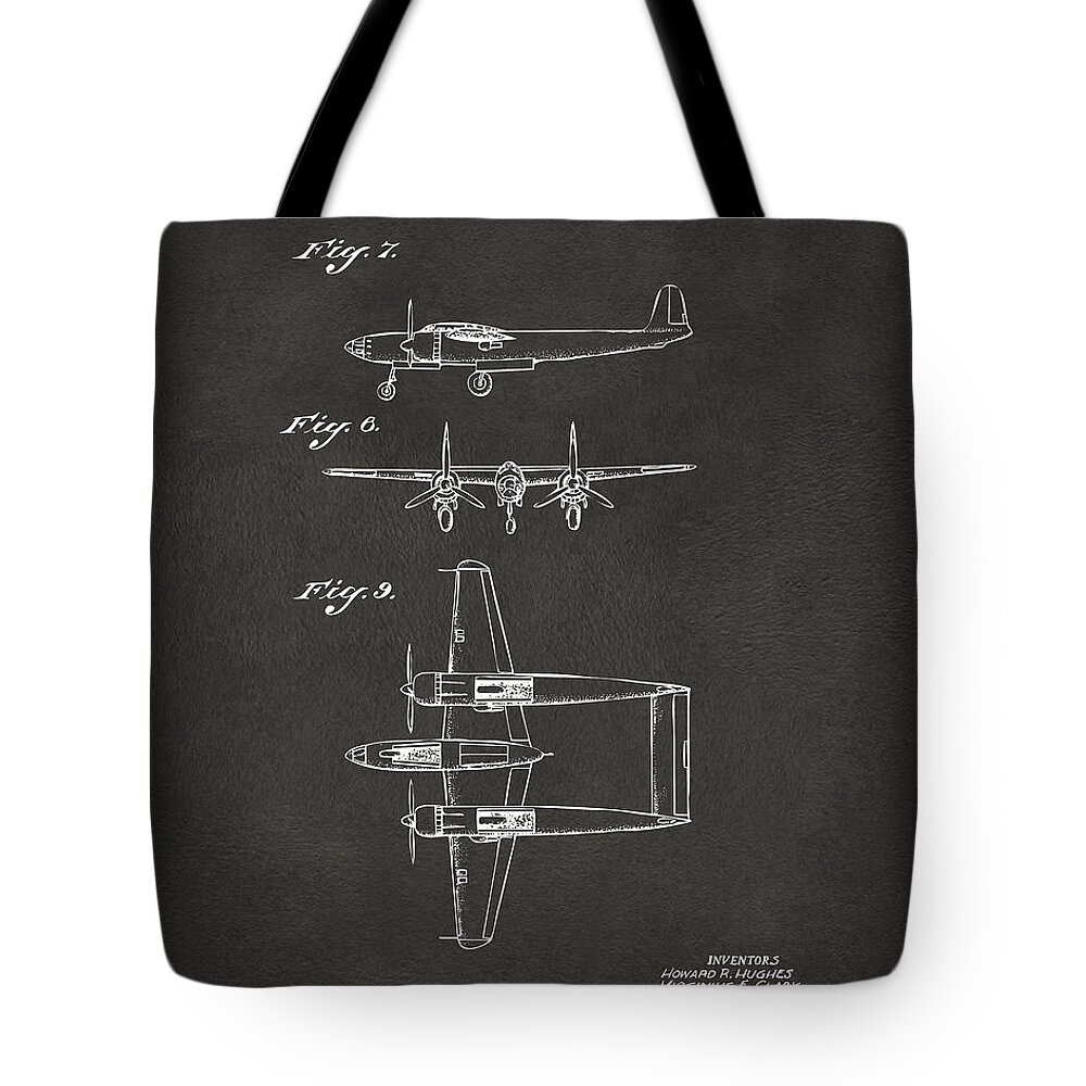 Howard Hughes Tote Bag featuring the digital art 1944 Howard Hughes Airplane Patent Artwork 3 - Gray by Nikki Marie Smith