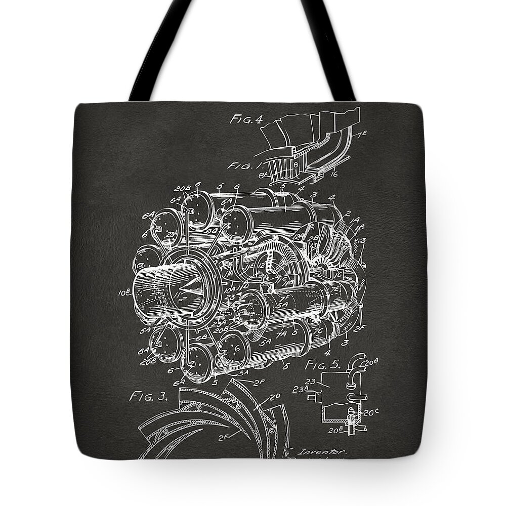 Jet Tote Bag featuring the digital art 1946 Jet Aircraft Propulsion Patent Artwork - Gray by Nikki Marie Smith