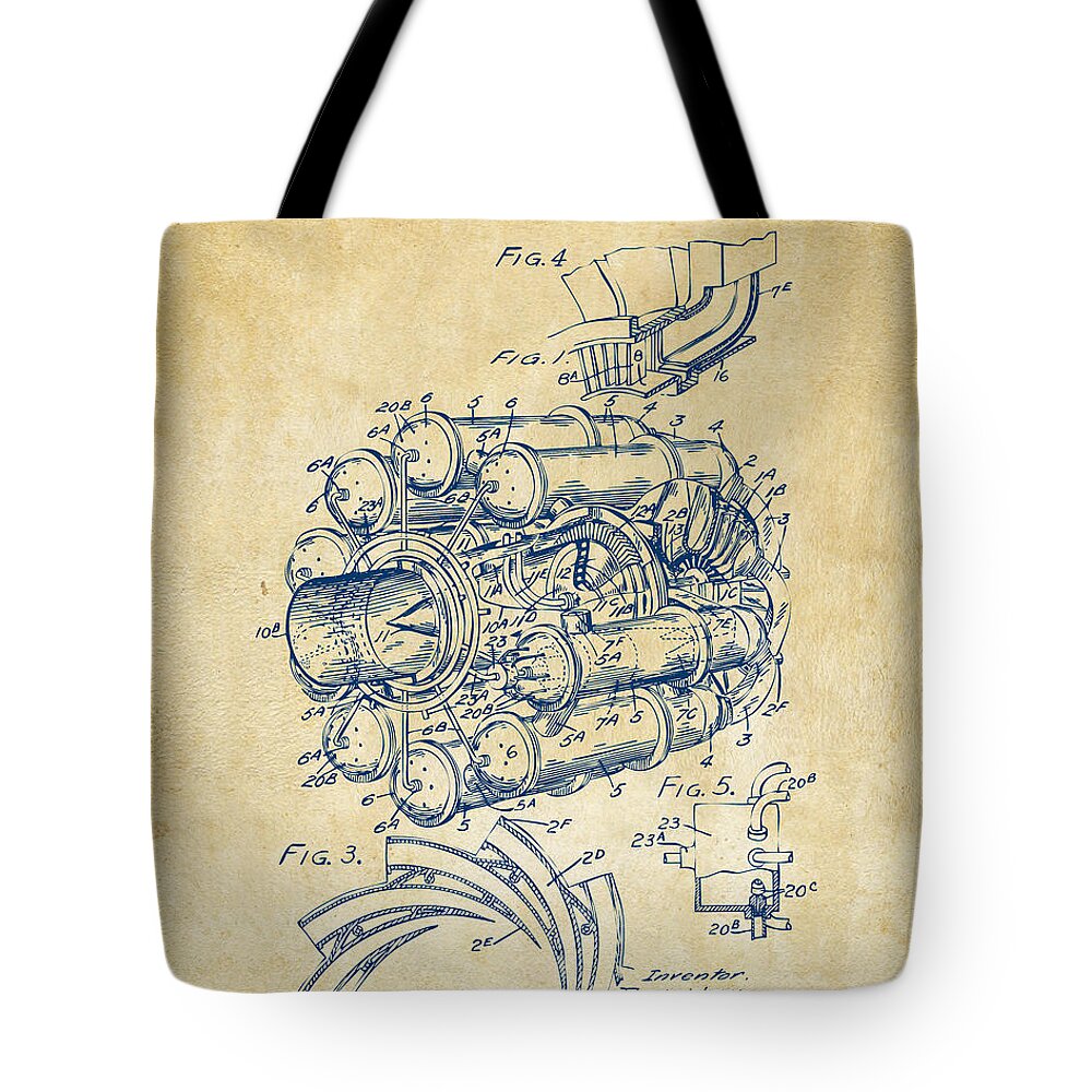 Jet Tote Bag featuring the digital art 1946 Jet Aircraft Propulsion Patent Artwork - Vintage by Nikki Marie Smith