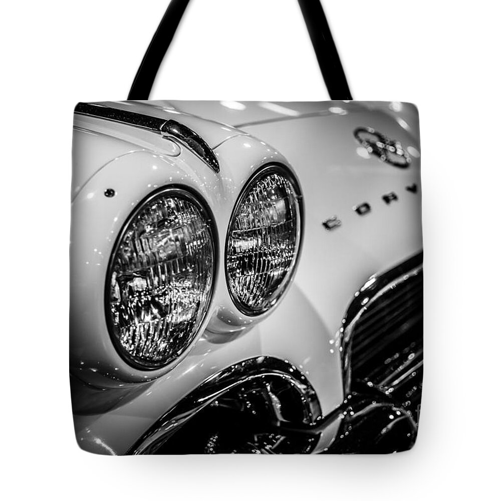 1950's Tote Bag featuring the photograph 1950's Chevrolet Corvette C1 in Black and White by Paul Velgos