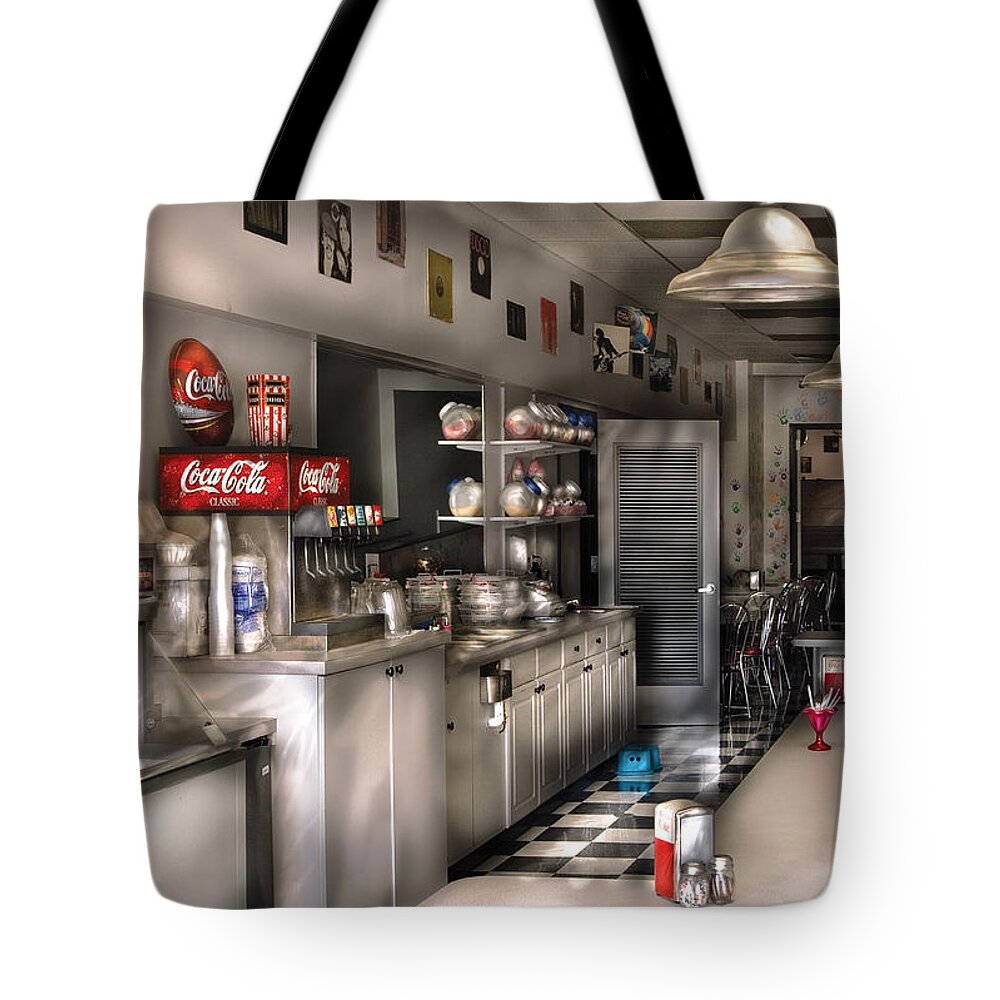 Cola Tote Bag featuring the photograph 1950's - The Soda Fountain by Mike Savad